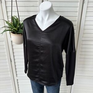 Melissa Nepton‎ Cindy Black Satin V Neck Ribbed Long Sleeve Blouse Top Size S